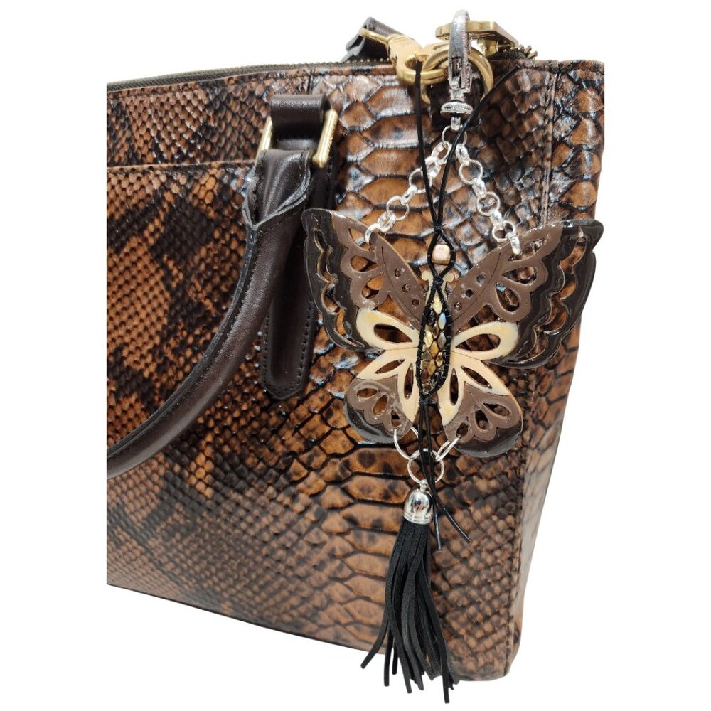 Brown Handpainted Wooden Butterfly Purse Leather Tassel Stone Beaded Leather